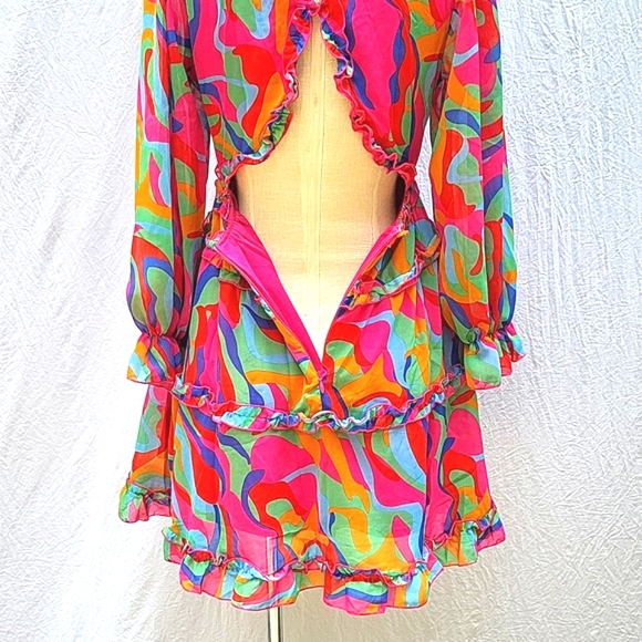 Ladies backless dress, v-neck, multicolor, sheer, lined, ruffle, boho,  M - Picture 10 of 14